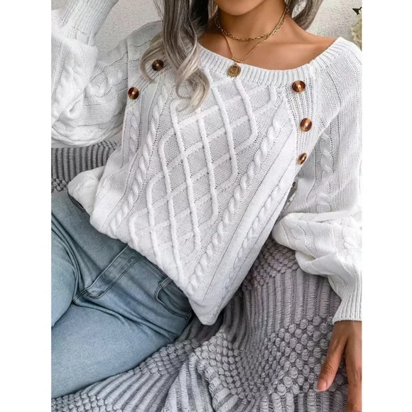 White Wide Neck Knit Pullover Sweater with Button Detail - Picture 3 of 16